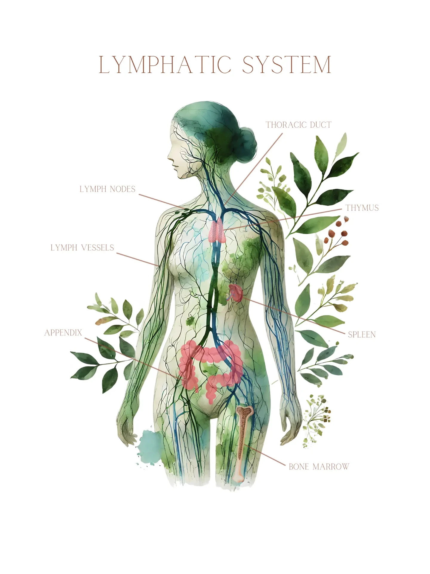 Watercolor illustration of a human figure showing lymph vessels, lymph nodes, the thoracic duct, thymus, spleen, appendix, and bone marrow.