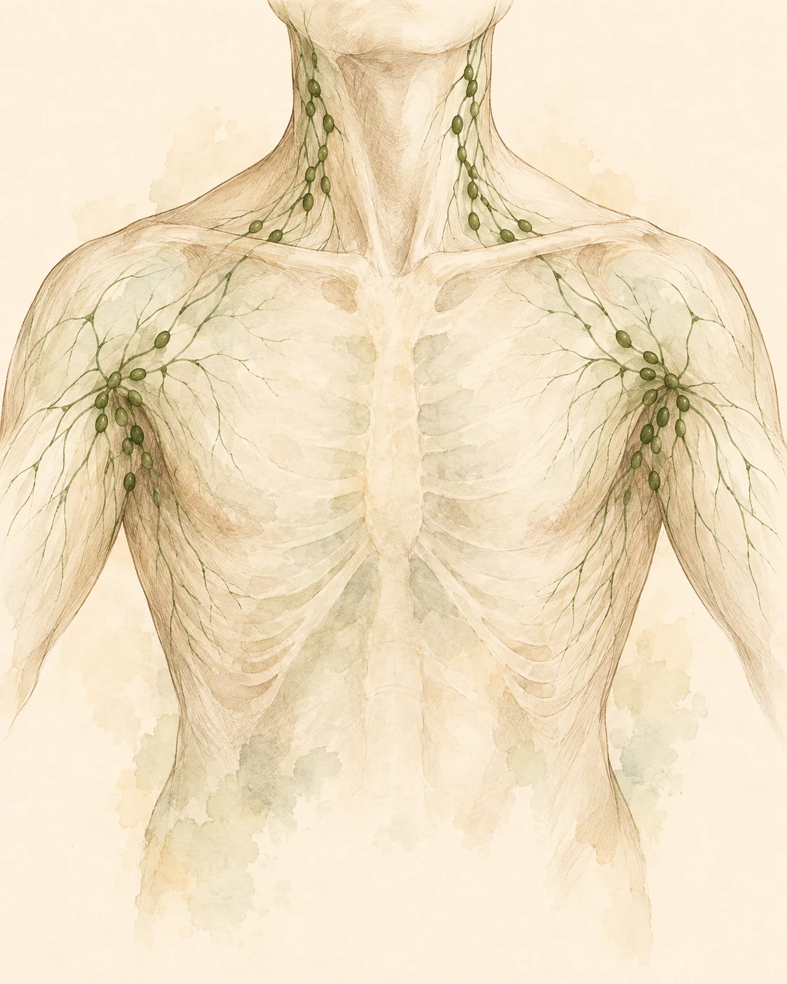 Watercolor illustration highlighting lymph nodes and vessels in the neck and upper torso.