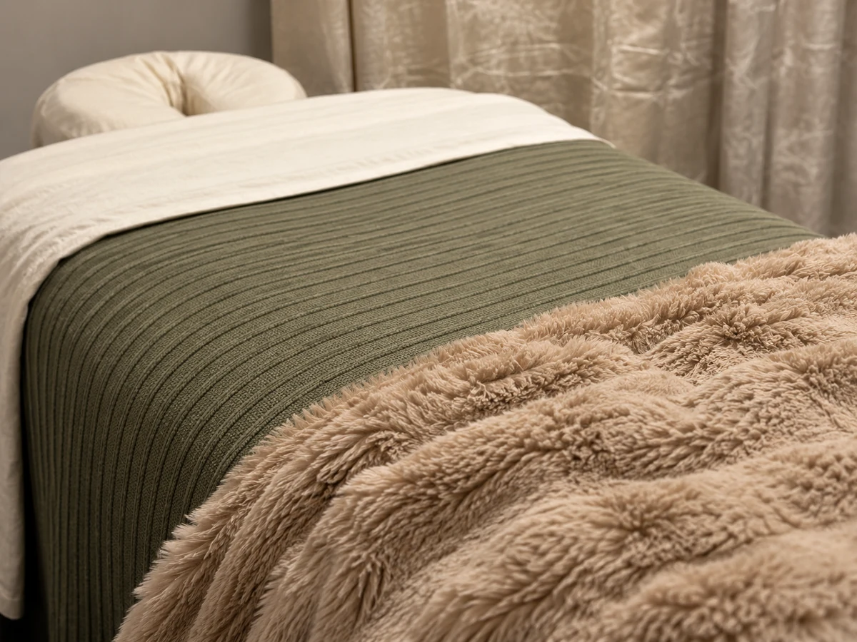Massage table prepared with olive and cream linens at The Well Space.
